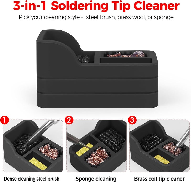 EOOKU Soldering Iron Tip Cleaner Kit with Brass Wool, Sponge,Steel Brush in Black Silicone Holder – Heat and Scratch Resistant Cleaning Tool for Soldering, Electronics Repair,DIY Projectst - Image 5